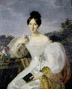 A lady in a white dress and shawl before a Viennese landscape Ferdinand Georg Waldmuller